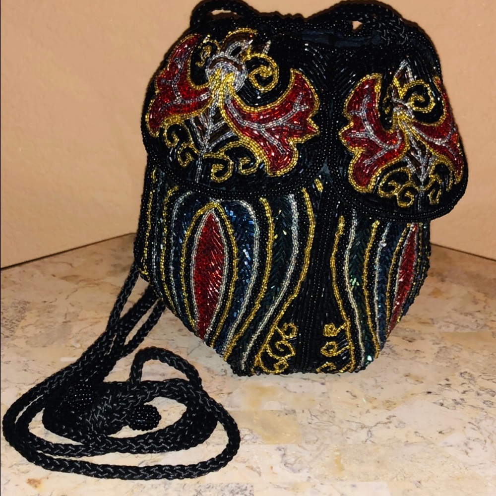 Vintage Bugle Beaded Gathered  Pouch Purse